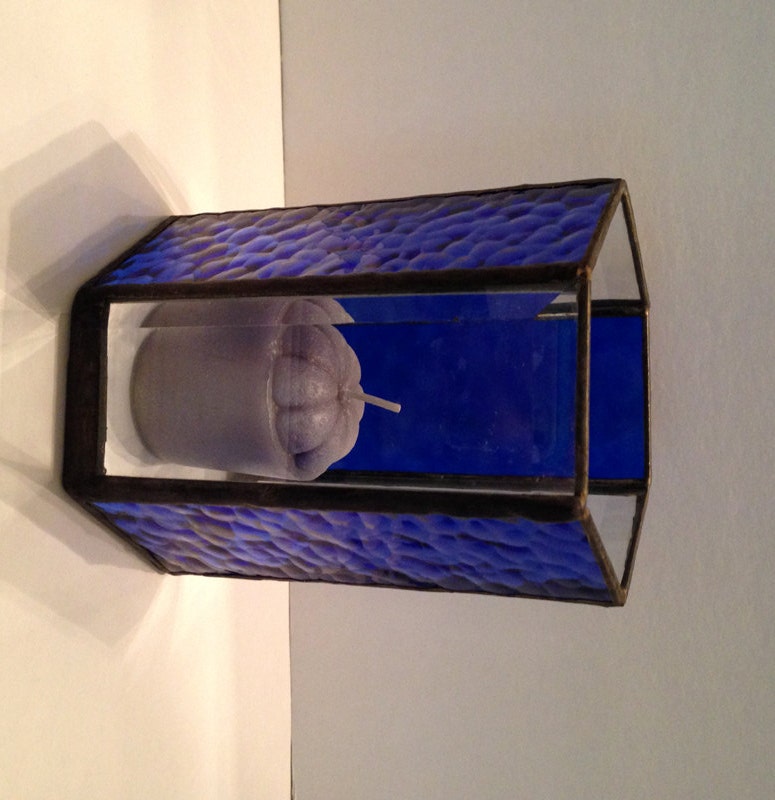 Stained Glass Blue/Clear Candle Holder by StainedGlassandPens