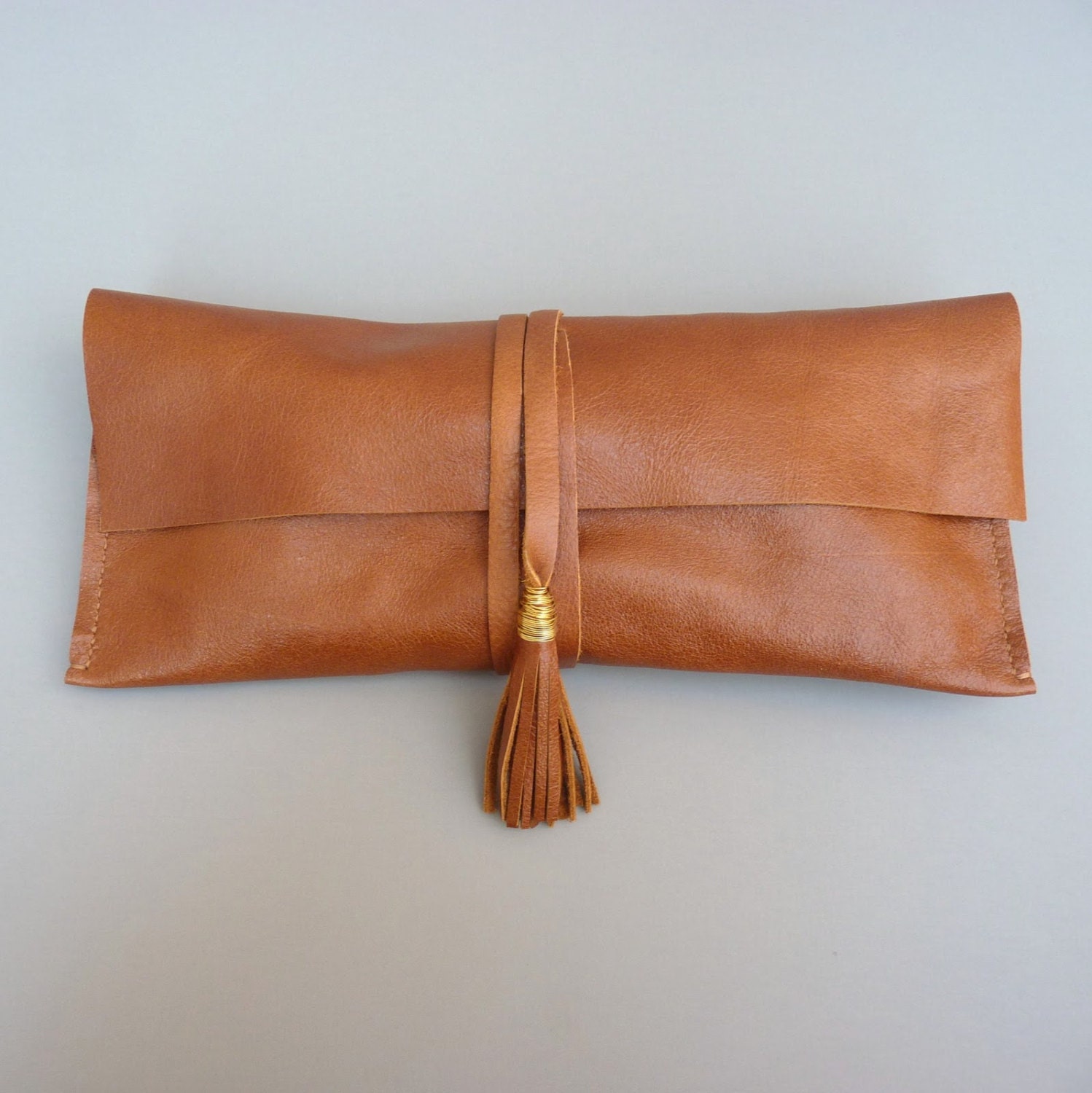 Brown Leather Clutch Bag Tassel Purse Boho Hand Stitched