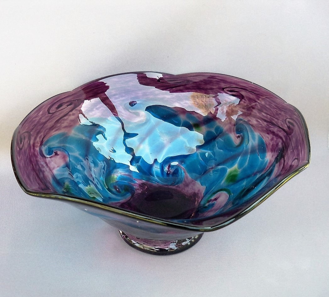 Hand Blown Art Glass Decorativefruit Bowl Plateaquamarine