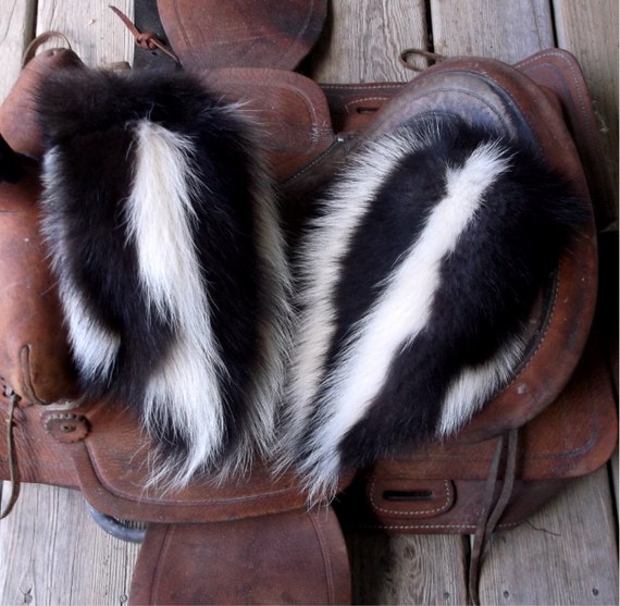 Skunk fur mittens with red fleece liner handmade X-large