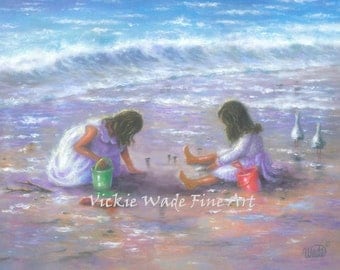 Two Sisters Beach Art Print, two girls, beach girls, brunette girls, wall art, beach children, shelling, girls room art, Vickie Wade Art