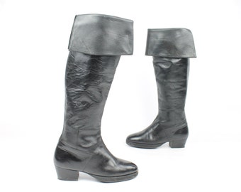 Vintage 80s Pierre Balmain Riding Boots Black Leather Knee High Pirate 1980s Womens size 6.5