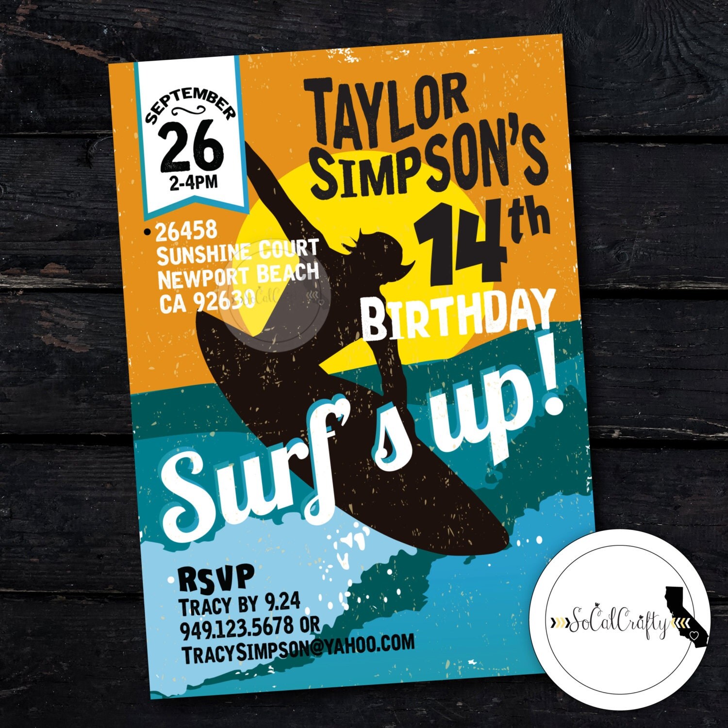Surf Birthday Party Invitation Beach Surfer Invite Surfing