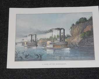 Vintage Currier & Ives Calendar Print-"A Race on the Mississippi"-1968