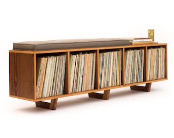 Vinyl LP Storage Bench with Mid Century Modern Stylings - Vinyl LP Storage Bench Lo-Fi edition with Mid Century Modern Stylings