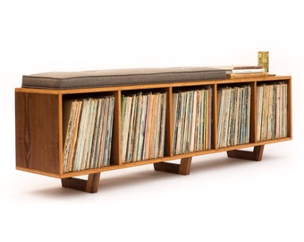 Vinyl LP Storage Bench with Mid Century Modern Stylings - Vinyl LP Storage Bench Lo-Fi edition with Mid Century Modern Stylings