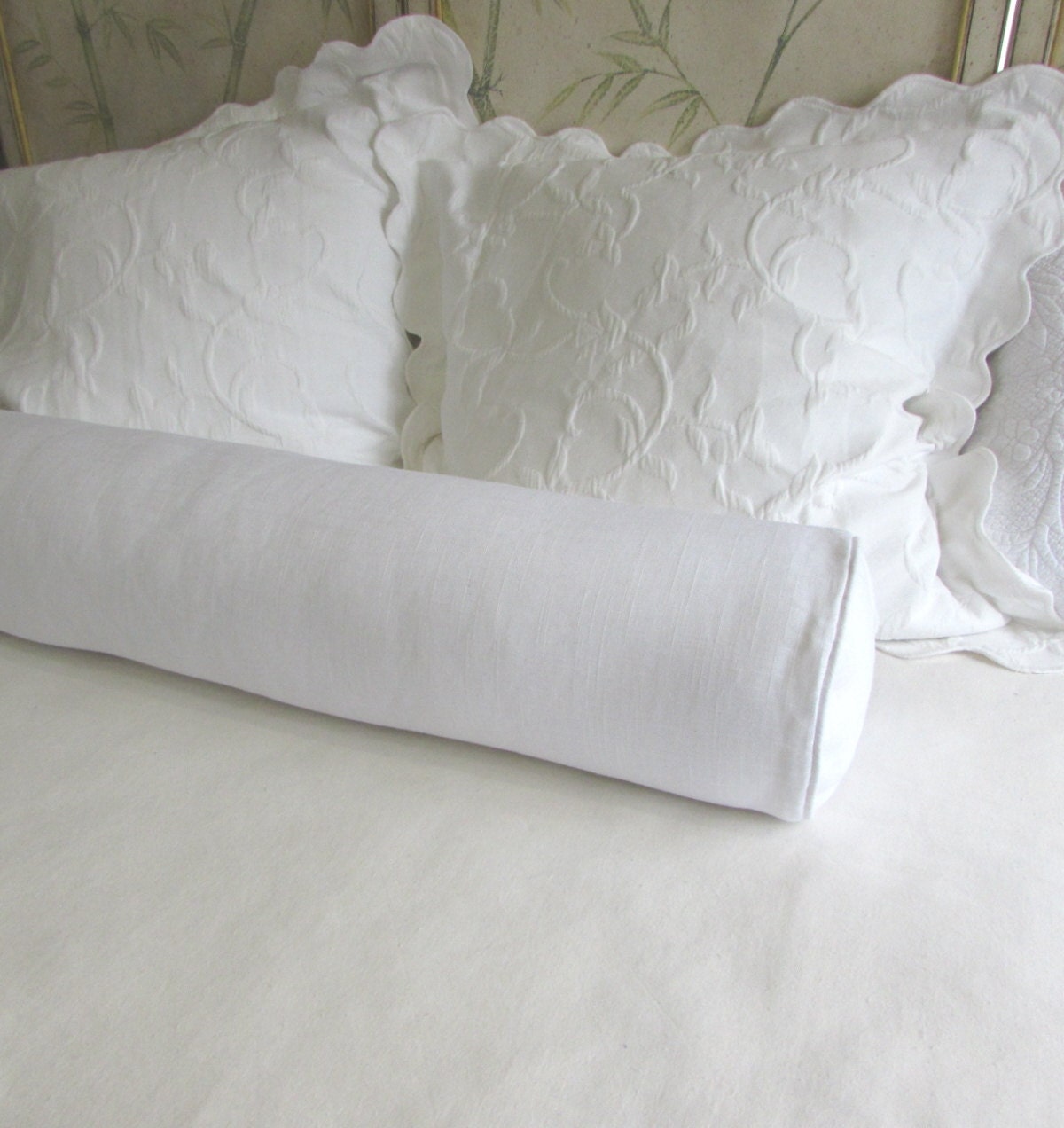 WHITE linen extra long bolster Pillow 8x54