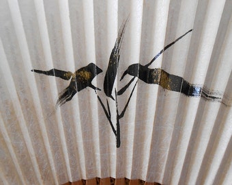 Vintage Fan with Lovebirds on Rice Paper and Bamboo Collectible from Tokyo