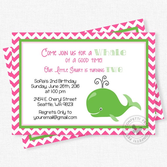 Items similar to Whale Birthday Invitation, Girl Birthday Invitation