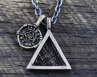 Silver Triangle Pendant Mens Necklace Chain Geometric Oxidized Jewelry