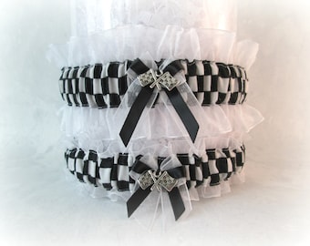 Racing wedding garter set - Racing Checkered flag Garters - Racing Garters Wedding - Wedding Garters