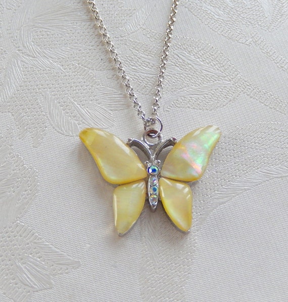 Butterfly Necklace Vintage Pendant Mother Of Pearl 