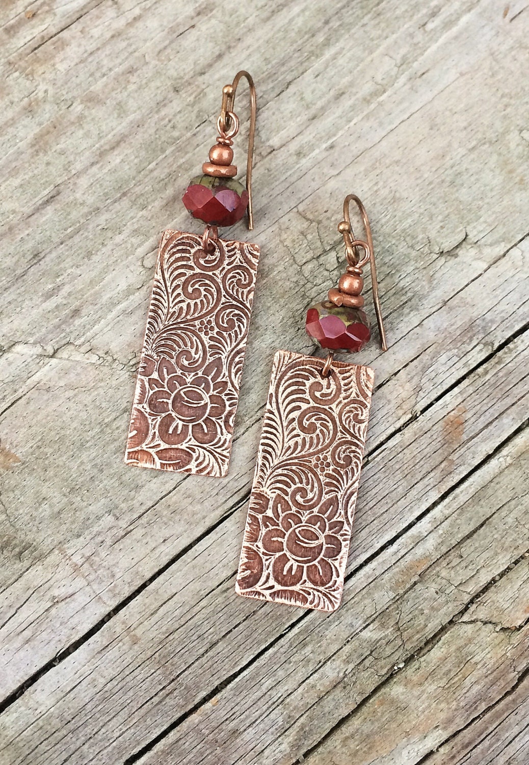 Copper Etched Earrings with Red Czech Glass Copper Jewelry