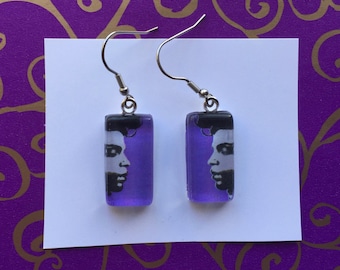 Tribute to Prince Rogers Nelson: Rectangle earrings with Prince face on purple background - glass cabochon
