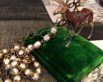 Tiny Dancer Toy Lead Deer Ooak Vintage Miriam Haskell Pearl Necklace
