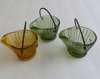 Glass Coal Bucket Ashtrays Wire Handle Continental Glass Co. 2 Green 1 Amber