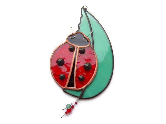 Ladybird Ladybug Suncatcher ladybird nibbling leaf glass