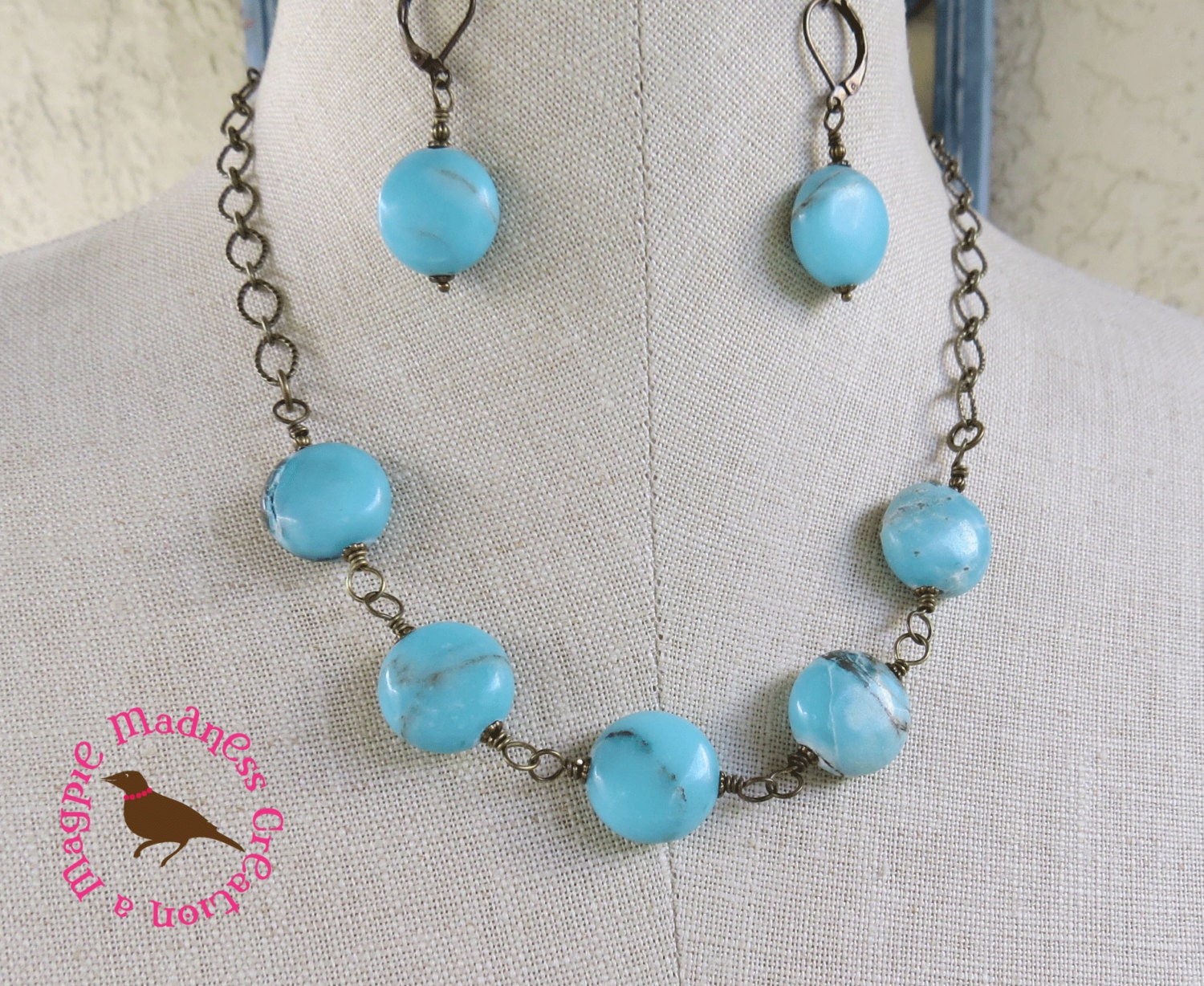 Sky Blue Jasper Statement Necklace Rustic by MagpieMadnessJewelry