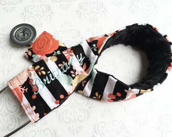 Embroidered Stethoscope Cover - Stethoscope Accessory, RN, Nurse, Doctor, Medical Assistant, Nurse Gift - Striped Flowers with Black/Aqua