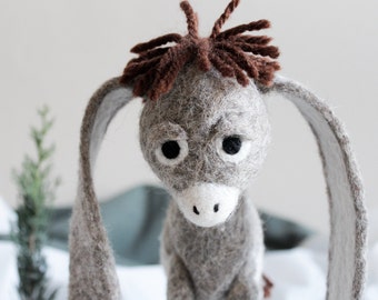 Nestor - The Long-Eared Christmas Donkey. Art Toy. Standing Felted donkey Stuffed Organic toy felt animal . natural undyed wool.