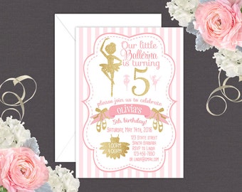 Ballerina Birthday Invitation in Pink and Gold, Ballet Birthday Invitation, Ballerina Party, Ballet Party, Ballet, Ballerina- Personalized