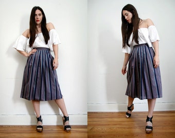 Vintage Stripe Nautical Cotton Boho Hippie High Waist Midi Skirt 70s