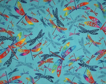 Rainbow Dragonflies on Turquoise Print Pure Cotton Fabric--One Yard