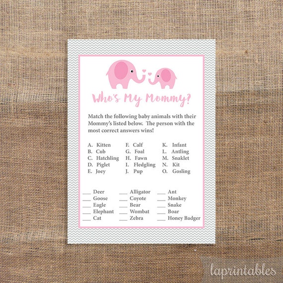 Who's My Mommy Printable Game Pink Elephant Baby Shower