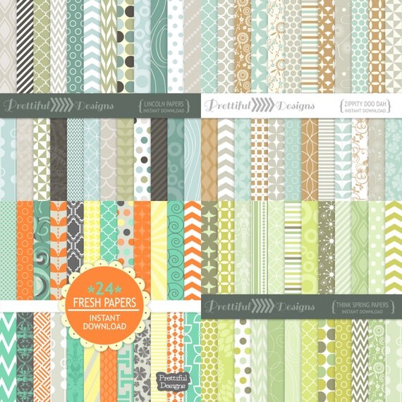 Digital Scrapbooking Combo Deal Printable Pattern Paper Pack Instant Download Fresh, Lincoln, Think Spring, Zippity Doo Dah Il_570xn