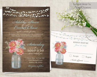 Mason Jar Wedding Invitations Rustic Kit RSVP Cards Barn Wood Country Summer Printable Coral Mason Jar Wedding Invitations Rustic Kit RSVP Cards Barn Wood Country Summer Printable Coral
