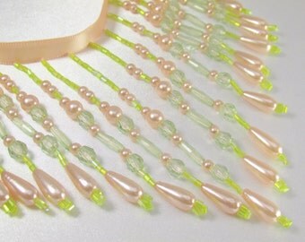 Peach Blush Pearls with Green beads 4 inch Long Beaded Fringe Decorator Trim