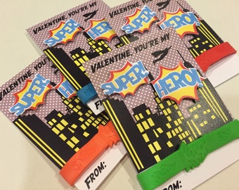 Superhero Valentines - super hero classroom Valentines, kids, non candy treats, set of 12