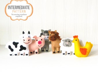 Tiny Farm Animal Patterns, Small Felt Barnyard Animals Sewing Pattern, Cow Pig Donkey Horse Sheep and Chicken Sewing Patterns