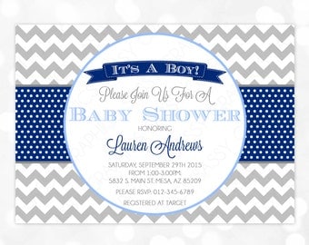 It's A Boy Baby Shower Invitation - Baby Boy Invite Chevron Polka Dots Gray Navy Blue Oh Baby DIY Printable Invite PDF (Item #74)