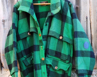 Vintage Woolrich Style Mens Green Buffalo Plaid Wool Hunting Coat