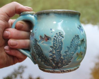Fish Bowl Mug, Wheel Thrown Mug, Coffee Mug, Handmade Pottery Mug, Tropical Fish, MADE PER ORDER