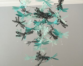 Dragonfly mobile in green and black, Baby Nursery, Kids Room, baby girl nursery mobile, photo prop, nursery mobile