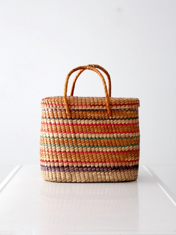 vintage basket tote hand woven multi-color beach bag storage