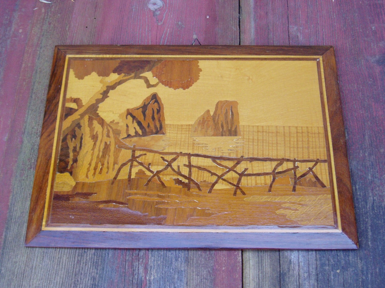 Wood Inlay Marquetry Picture 1 Seacoast Scene