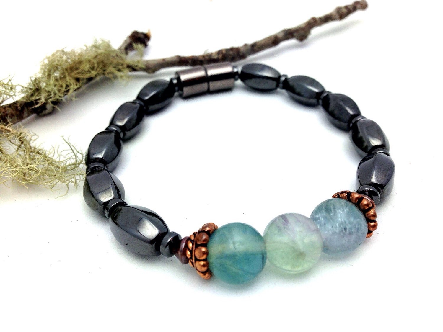 Fluorite and Magnetic Bracelet therapy Unisex by PineBranchDesigns