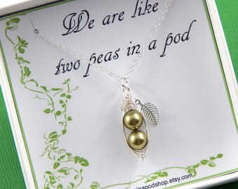 Peas in a pod,Two Green Peas In A Pod, Silver Necklace, gift boxed necklace
