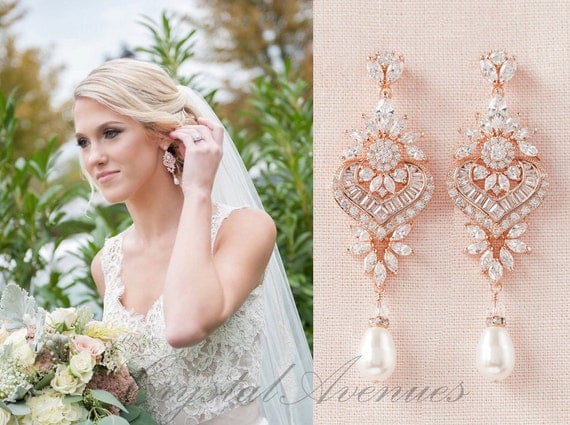 Rose Gold Bridal Earrings Crystal Wedding Earrings Statement