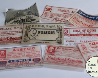 12 vintage Halloween poison bottle labels edible wafer paper for cookies or cupcakes. Printed wafer paper for Halloween cookie decorating.