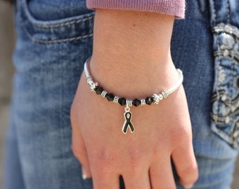 Black Ribbon Charm Bracelet: Awareness for Melanoma, Skin Cancer Awareness, Sleep Disorders, Anti-Terrorism // support, survivor // crystals