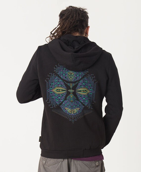 Black Hoodie With Psychedelic Fractal Print Mens Hoodie