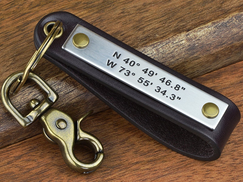 Boyfriend Gift, Fiance Gift, Personalized Leather Key Chain, Custom GPS Keychain - ANY TEXT 40 Char