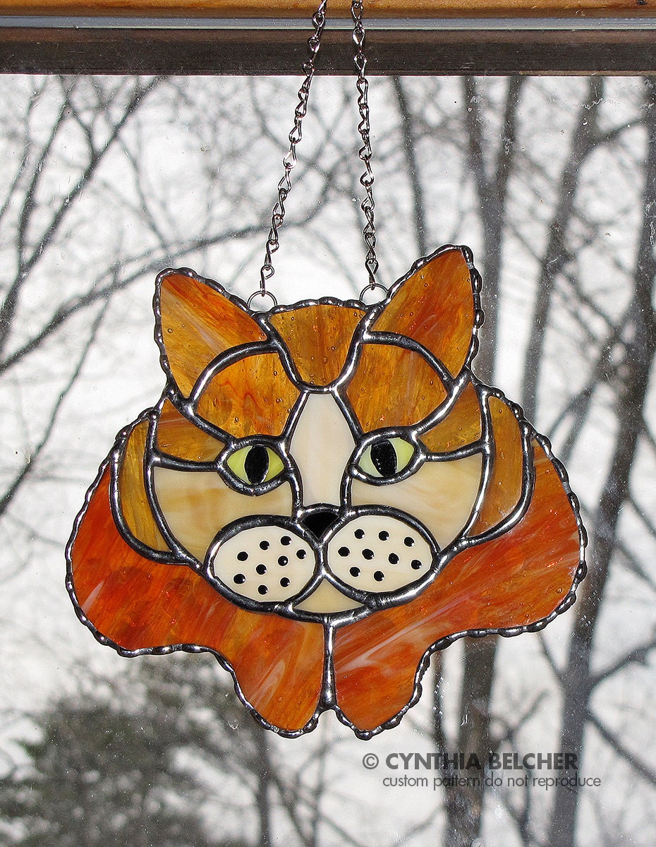 Stained Glass Suncatcher Cat Head and Paws Orange Tabby