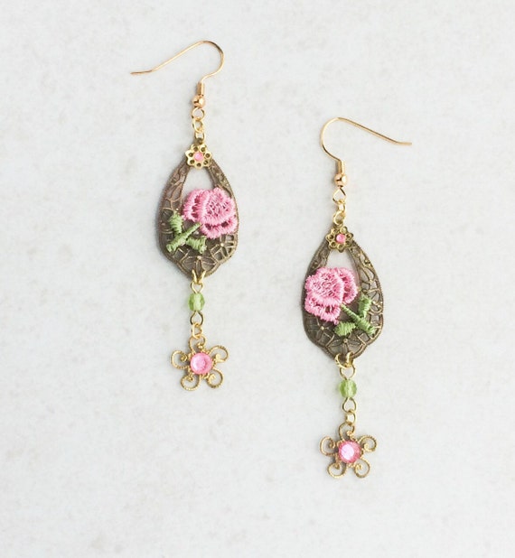 Pink Lace Flower Earrings Flower Lace Applique Earrings