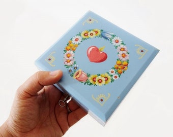 Vintage Hand Painted Wooden Jewelry Box Chest with Key and Heart and Flowers Pattern