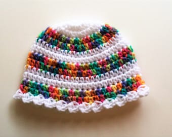Summer Rainbow Striped Newborn Beanie - Scallop Edged Newborn Beanie - Newborn 0 to 3 months